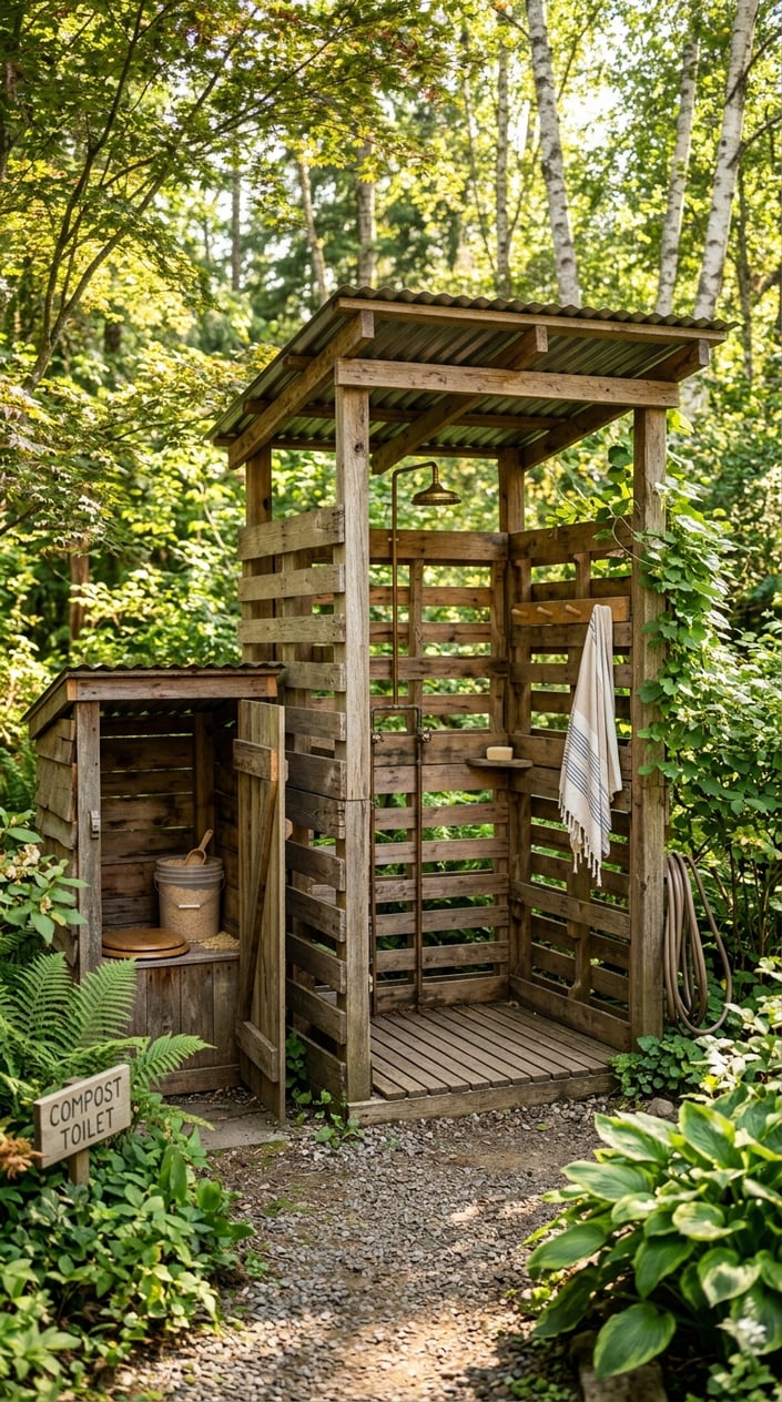Outdoor wooden pallet shower stall next to a sawdust compost toilet surrounded by green plants.