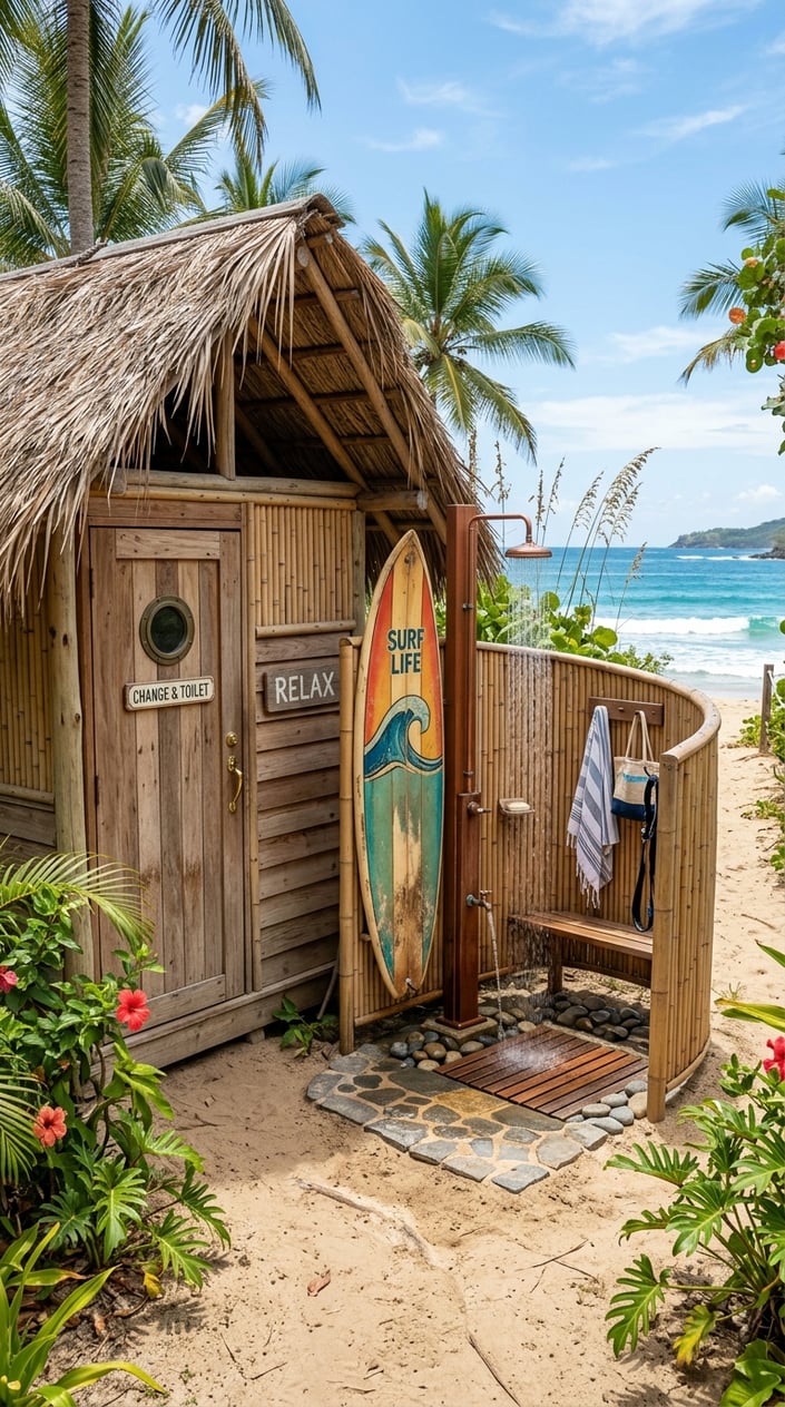 Outdoor beach-style changing and toilet hut next to a surfboard feature shower in a sunny coastal setting with sand and tropical plants.