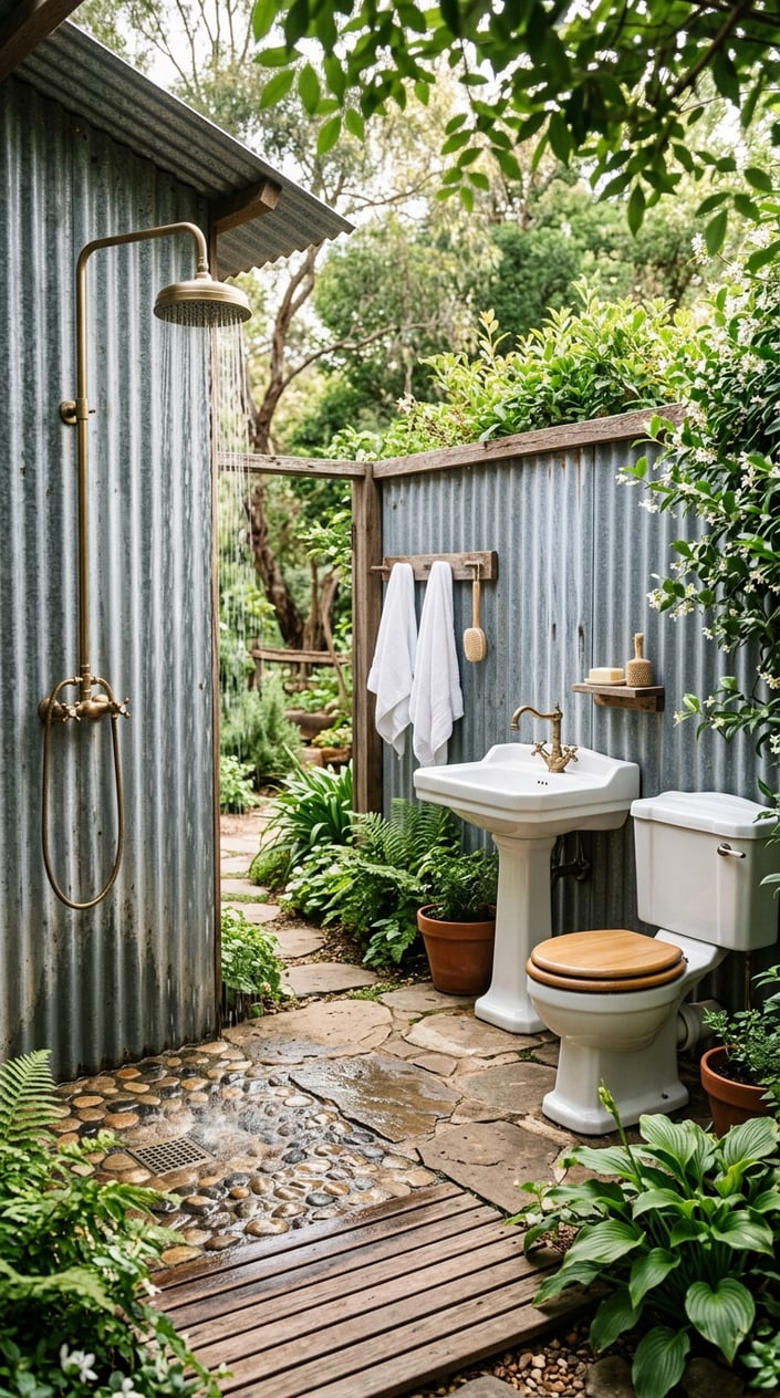 Outdoor shower area with corrugated steel walls, a vintage pedestal sink, and a white toilet.