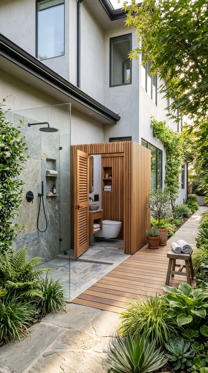 Outdoor shower and toilet area connected to the side of a house in a green, sunny yard.