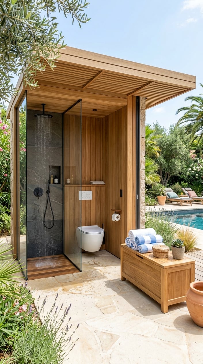 Outdoor pool house with a shower and toilet combo next to a wooden bench holding towels, surrounded by greenery.