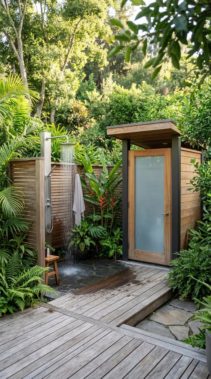 Outdoor rinse shower area next to a private toilet room surrounded by greenery.