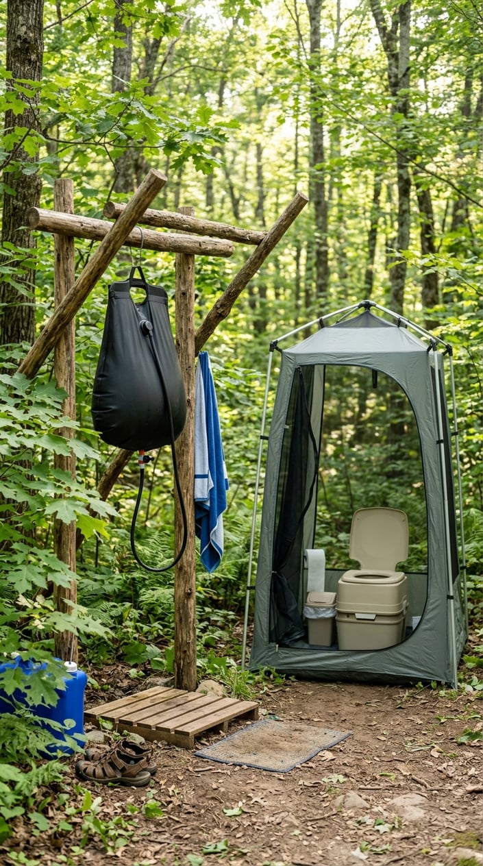 An outdoor corner with a solar shower bag hanging next to a screened portable toilet surrounded by trees and natural ground cover.