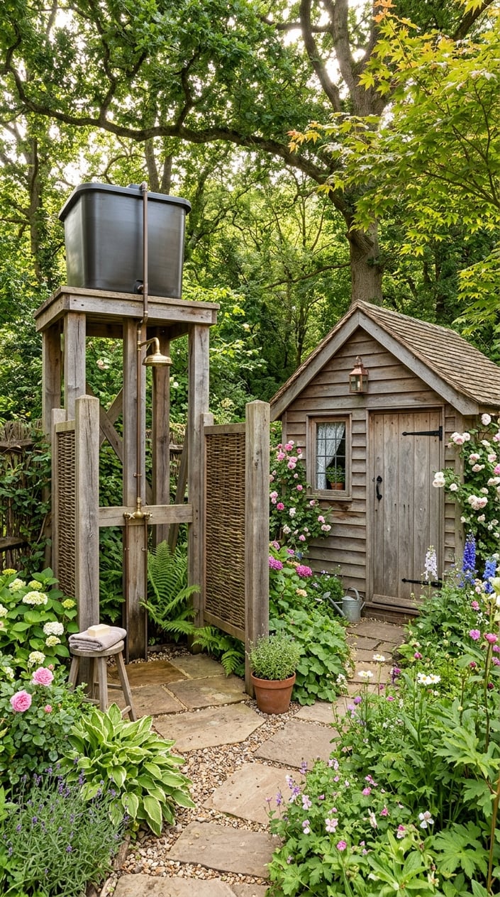Outdoor elevated gravity-fed tank shower next to a wooden garden toilet shed surrounded by green plants.