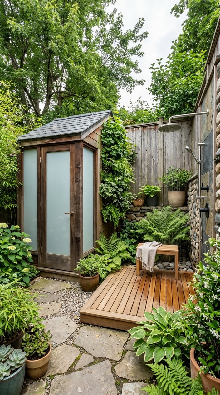 A small backyard washroom with an open wooden shower deck next to an enclosed toilet surrounded by plants and wooden fencing.