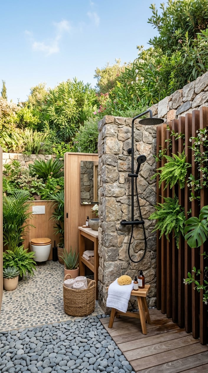 An outdoor bathroom area with a modern shower and toilet surrounded by greenery and natural stone walls.
