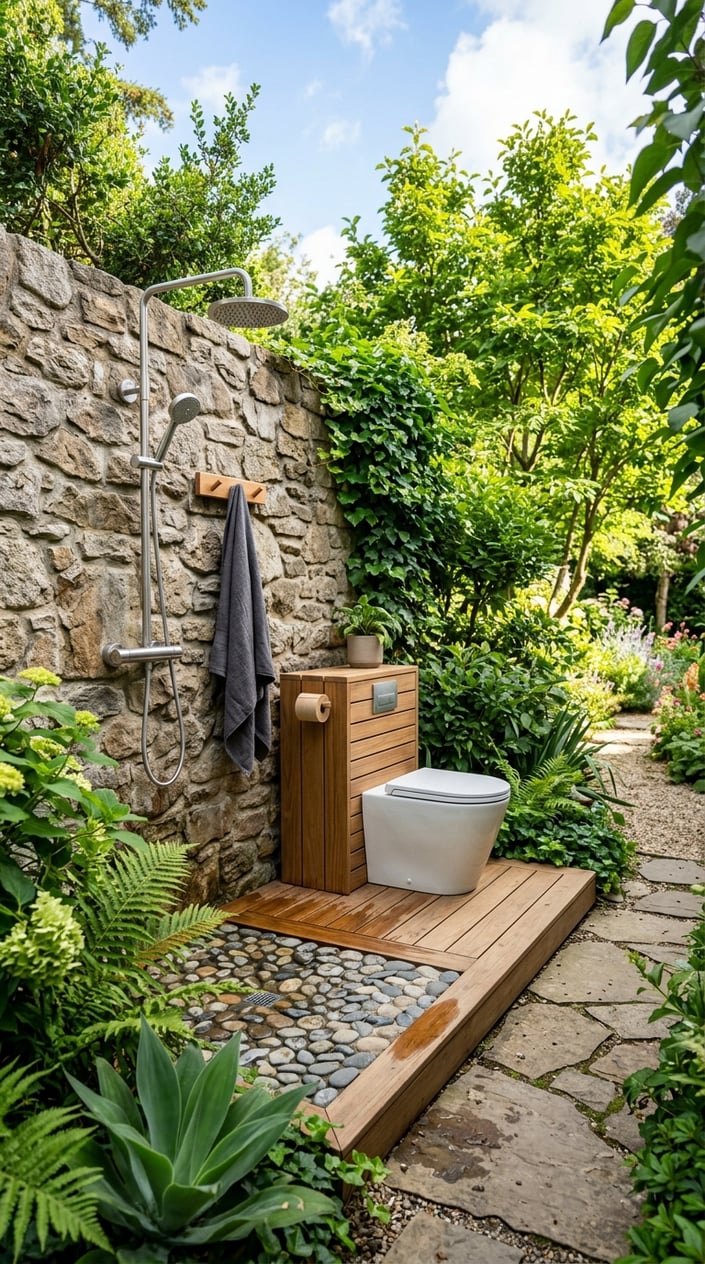 Outdoor shower and toilet setup surrounded by greenery and natural stone walls under a clear sky.
