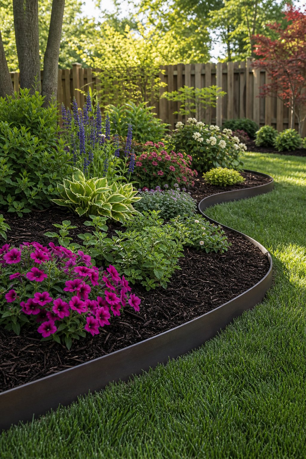 A backyard corner with a curved, layered flower bed edged with steel and filled with mulch and various flowering plants.