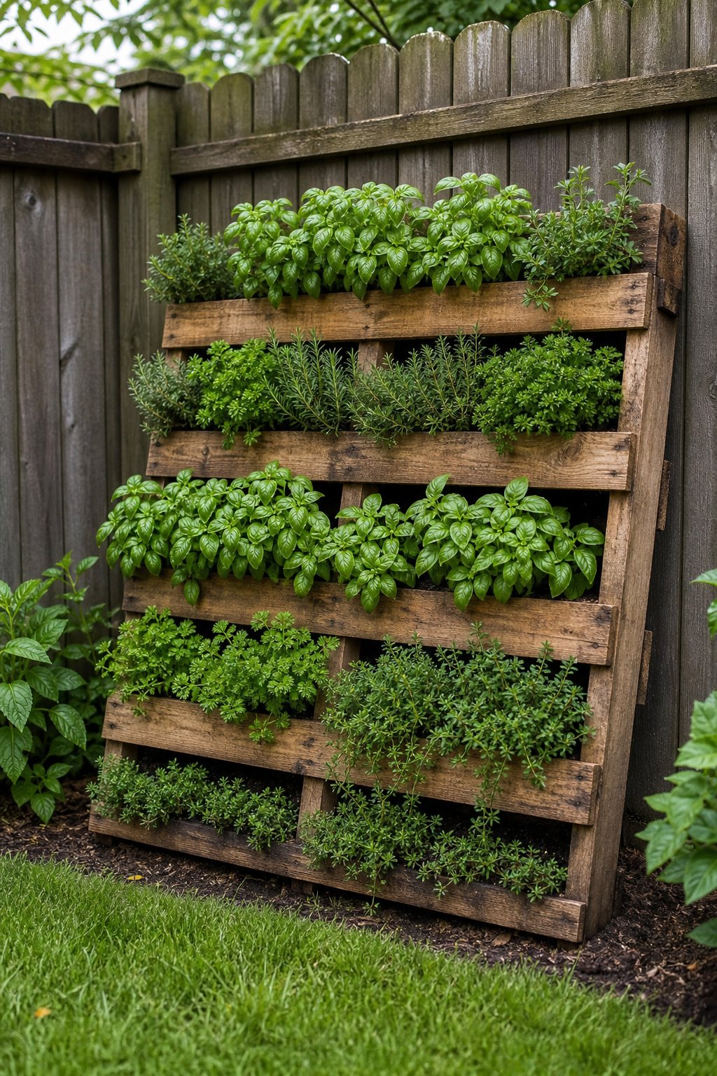 A vertical pallet herb garden filled with green herbs mounted on a wooden fence in a backyard corner.