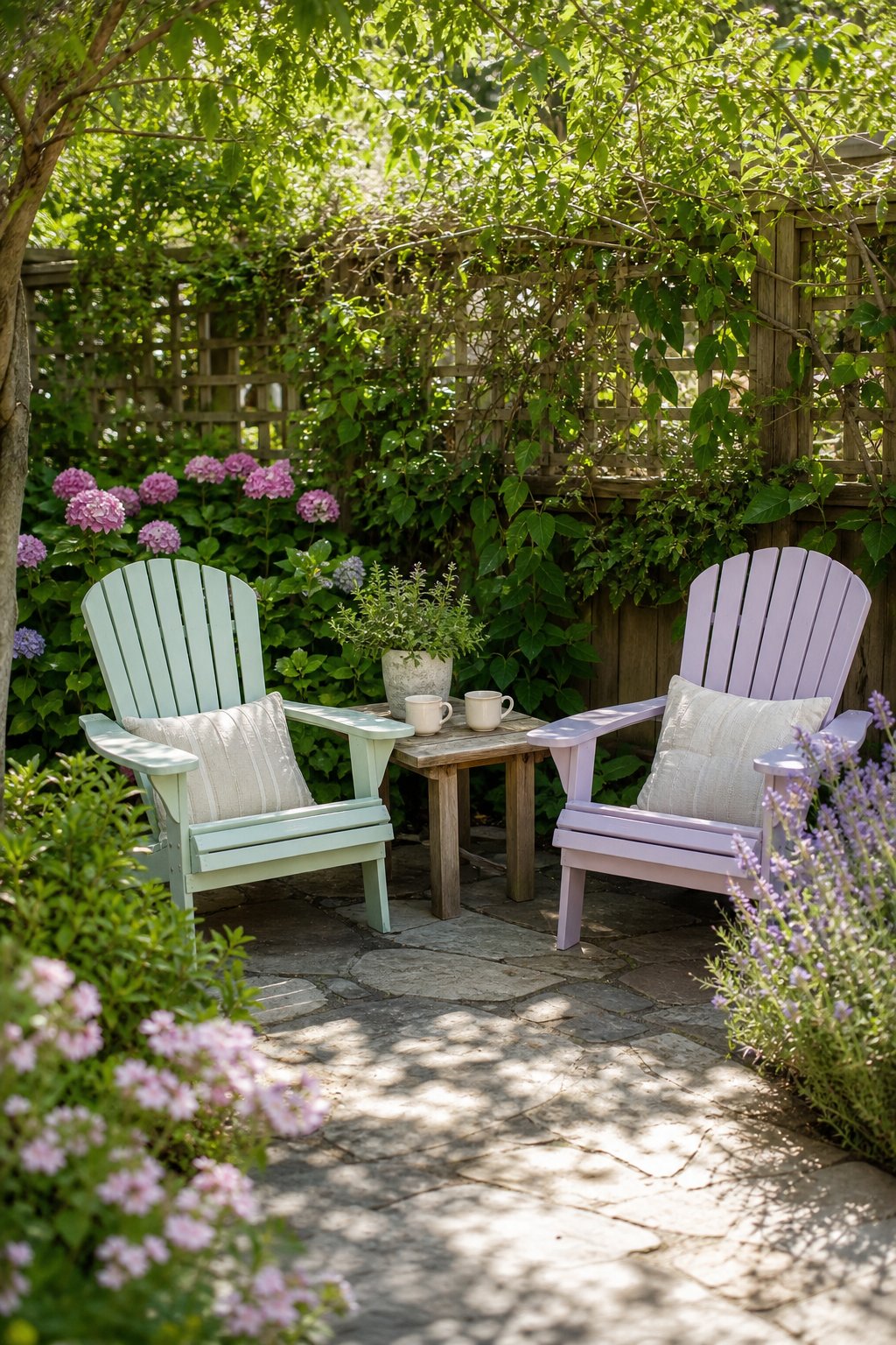 A backyard corner with two Adirondack chairs and a small table surrounded by plants and greenery.
