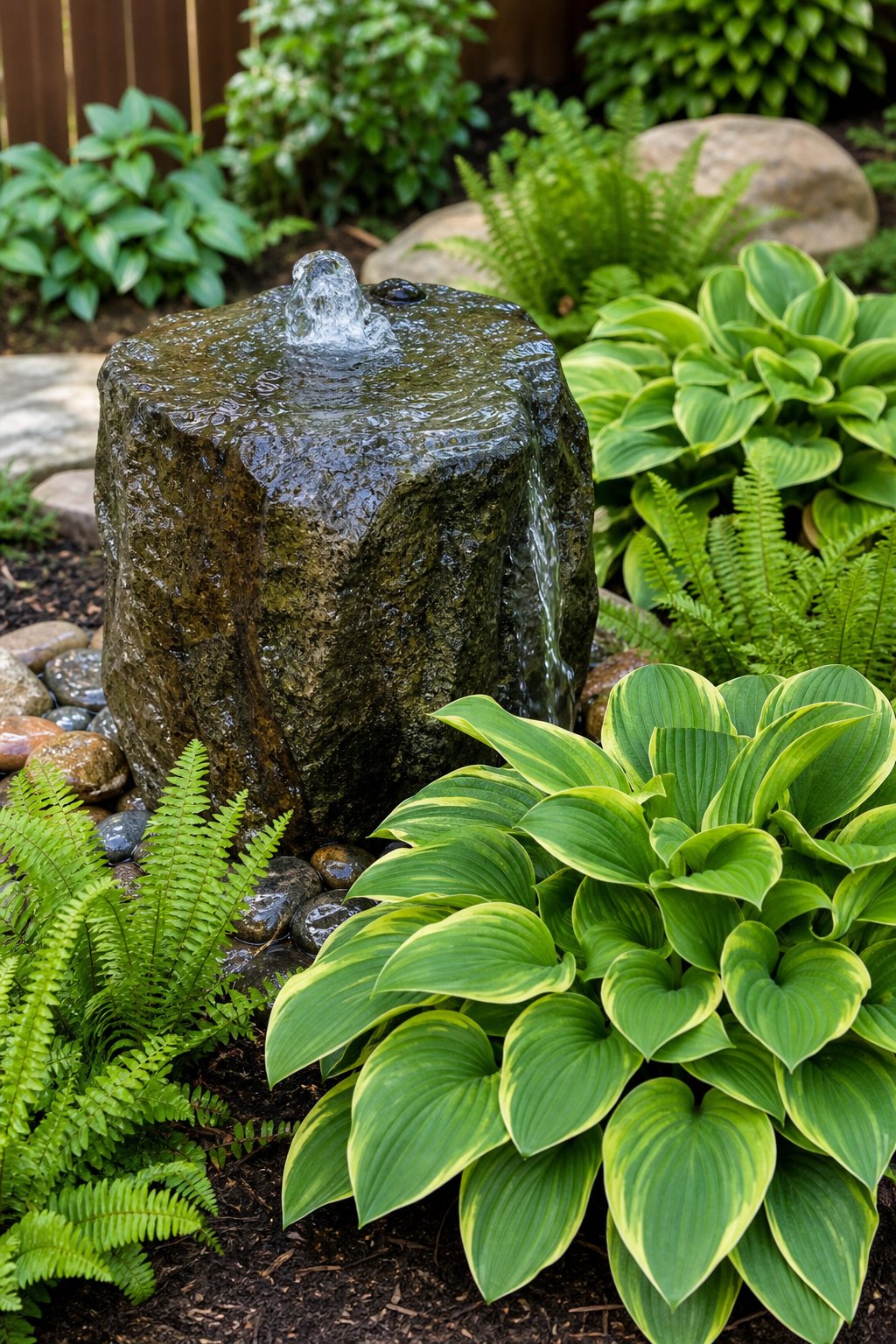 A backyard corner with a bubbling rock fountain surrounded by green hostas and ferns.