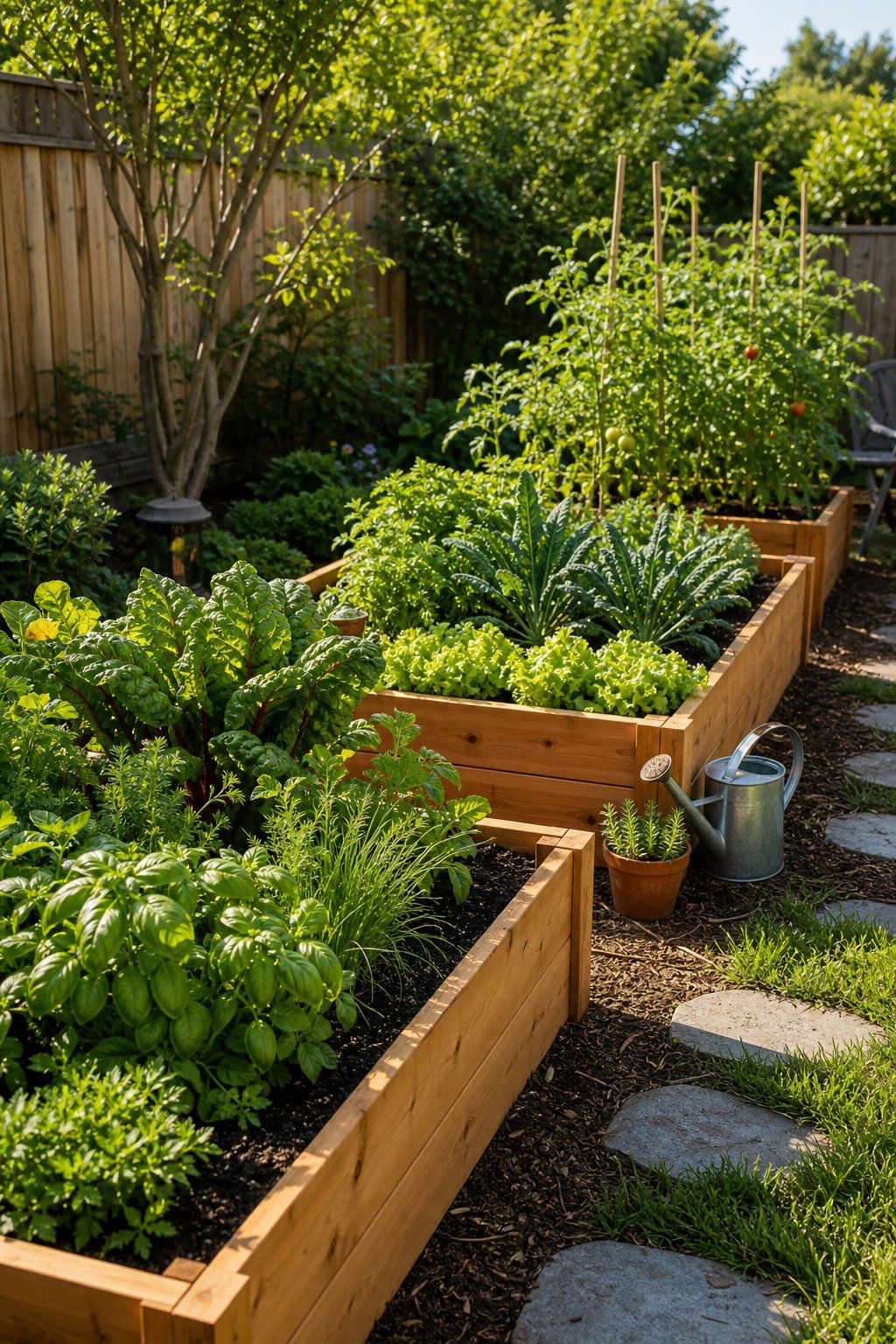 A sunny backyard corner with raised cedar vegetable beds filled with growing green plants.