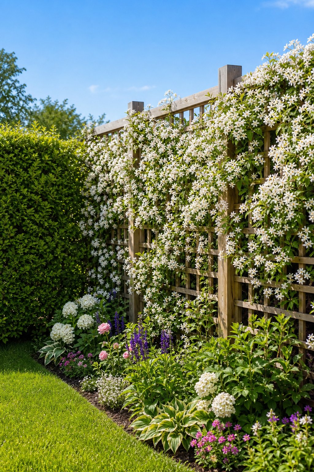 A backyard corner with a wooden trellis wall covered in blooming climbing clematis or jasmine plants surrounded by green grass and colorful flowers.