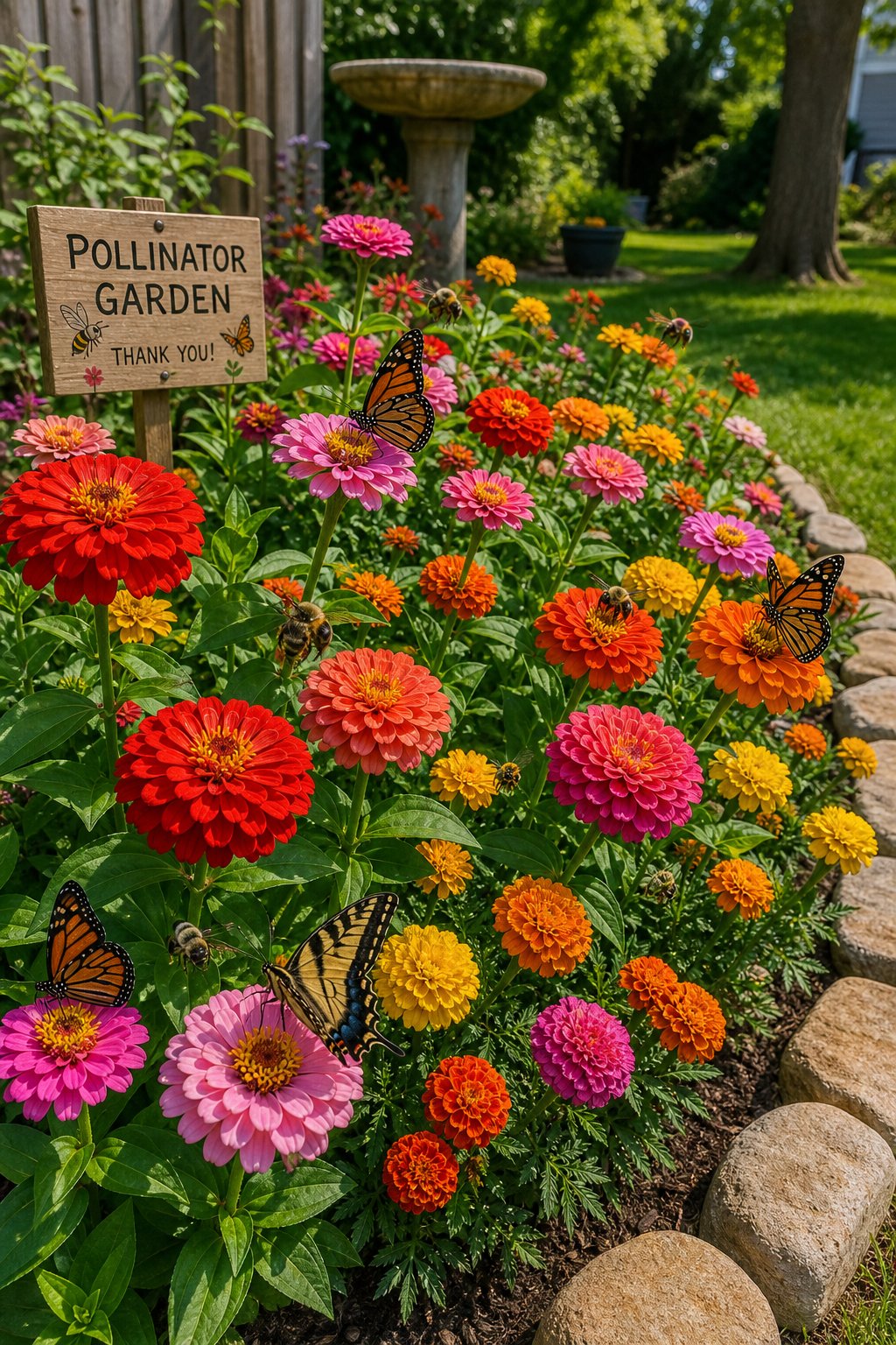 A backyard garden corner with blooming zinnias and marigolds attracting bees and butterflies.