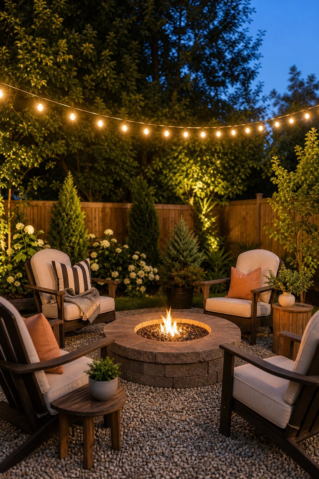 Backyard corner with a gravel fire pit, string lights overhead, seating, and greenery in the background.