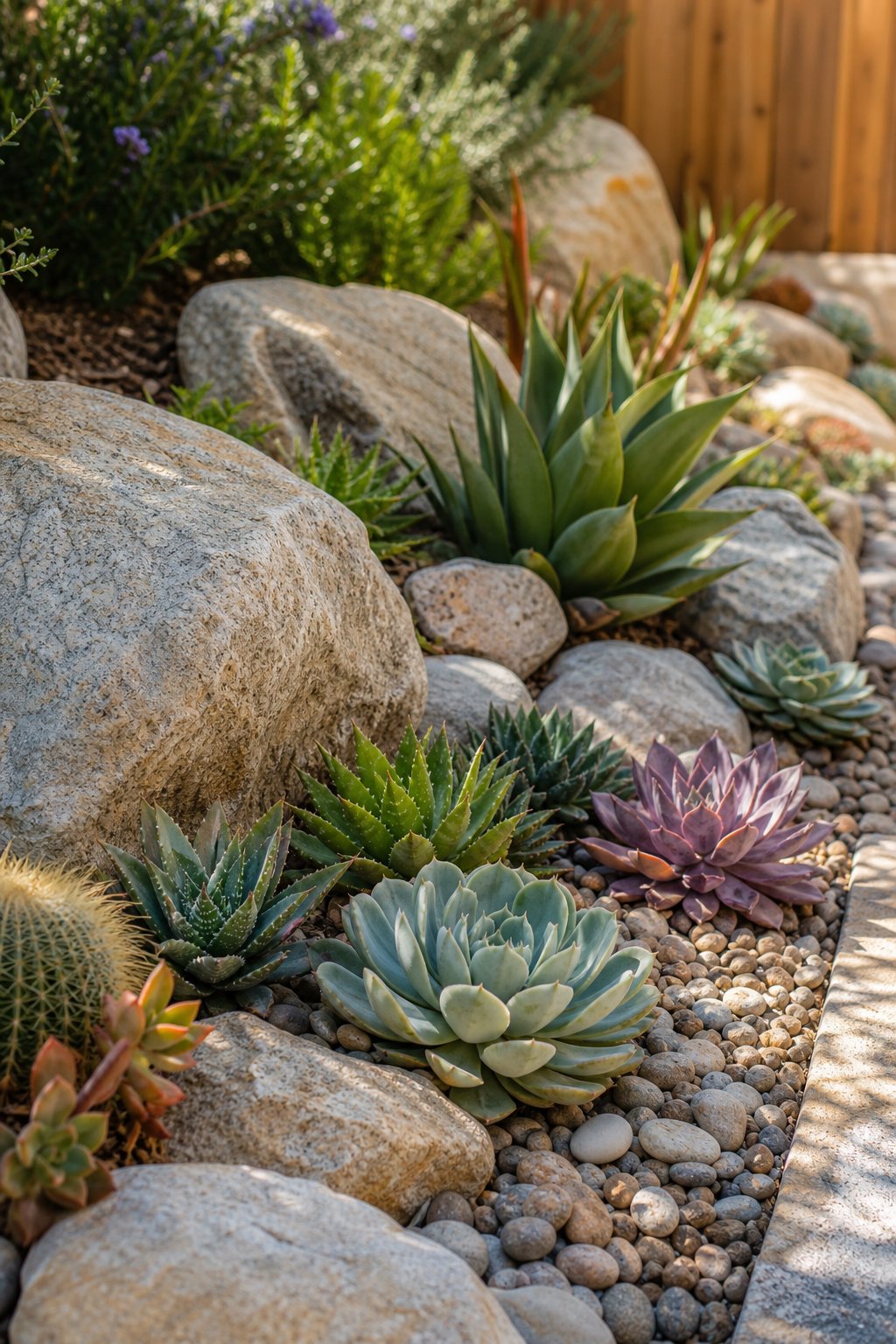 A backyard corner with decorative boulders and various succulent plants arranged among pebbles and mulch.