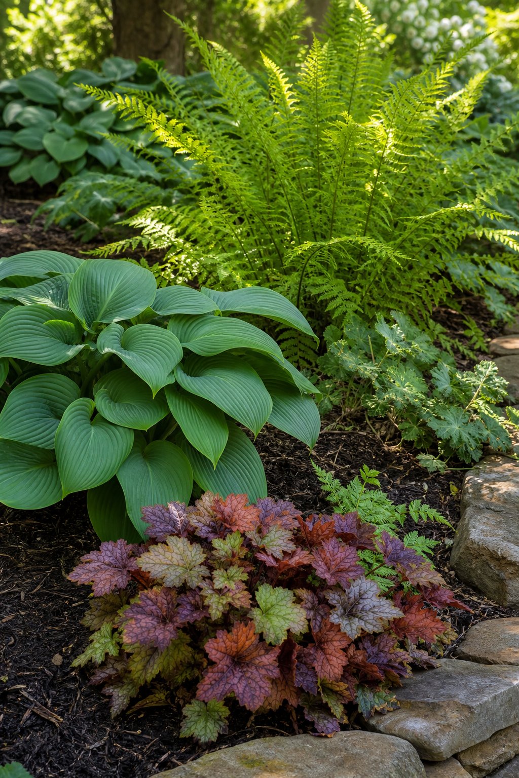 A backyard garden corner with ferns, hostas, and heuchera plants under shade.