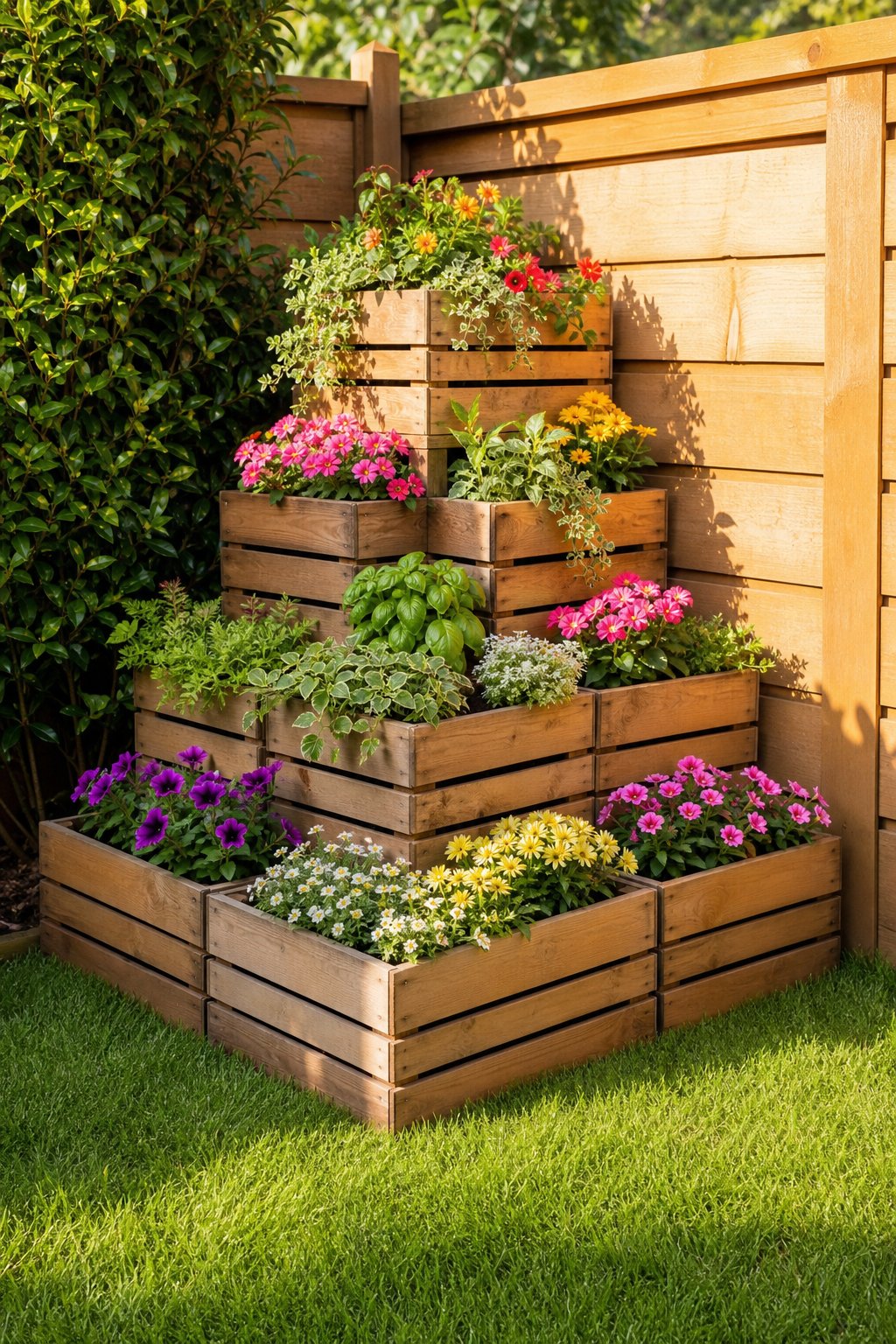 Stacked wooden crate planters filled with plants arranged in a tiered display in a backyard corner.