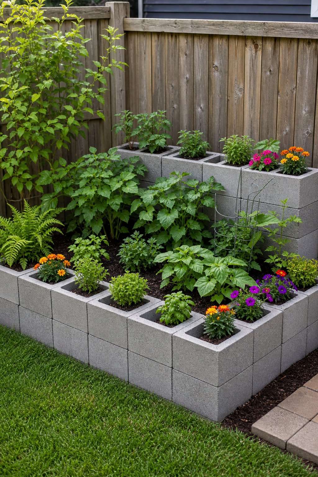 Backyard corner garden made from cinder blocks with built-in planter holes filled with green plants and flowers.