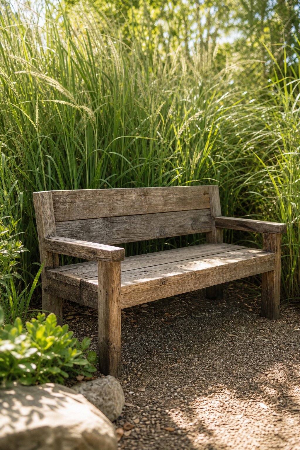 A rustic wooden bench surrounded by tall green privacy grasses in a backyard corner.