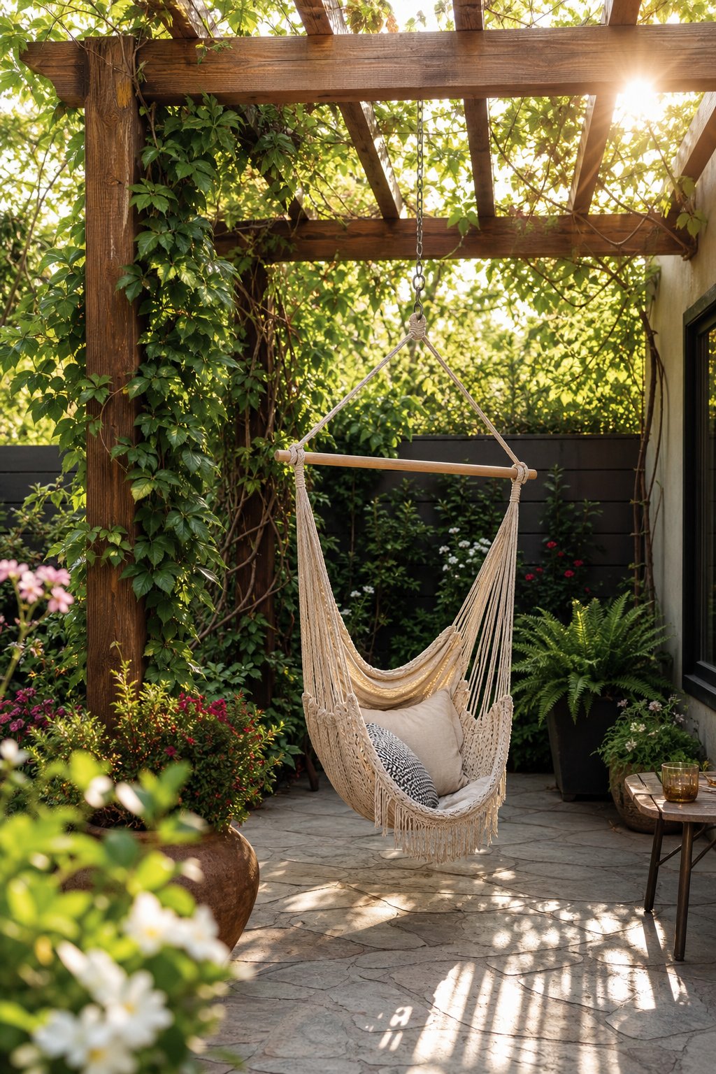 Backyard corner with a pergola and a hammock or hanging chair surrounded by plants and flowers.