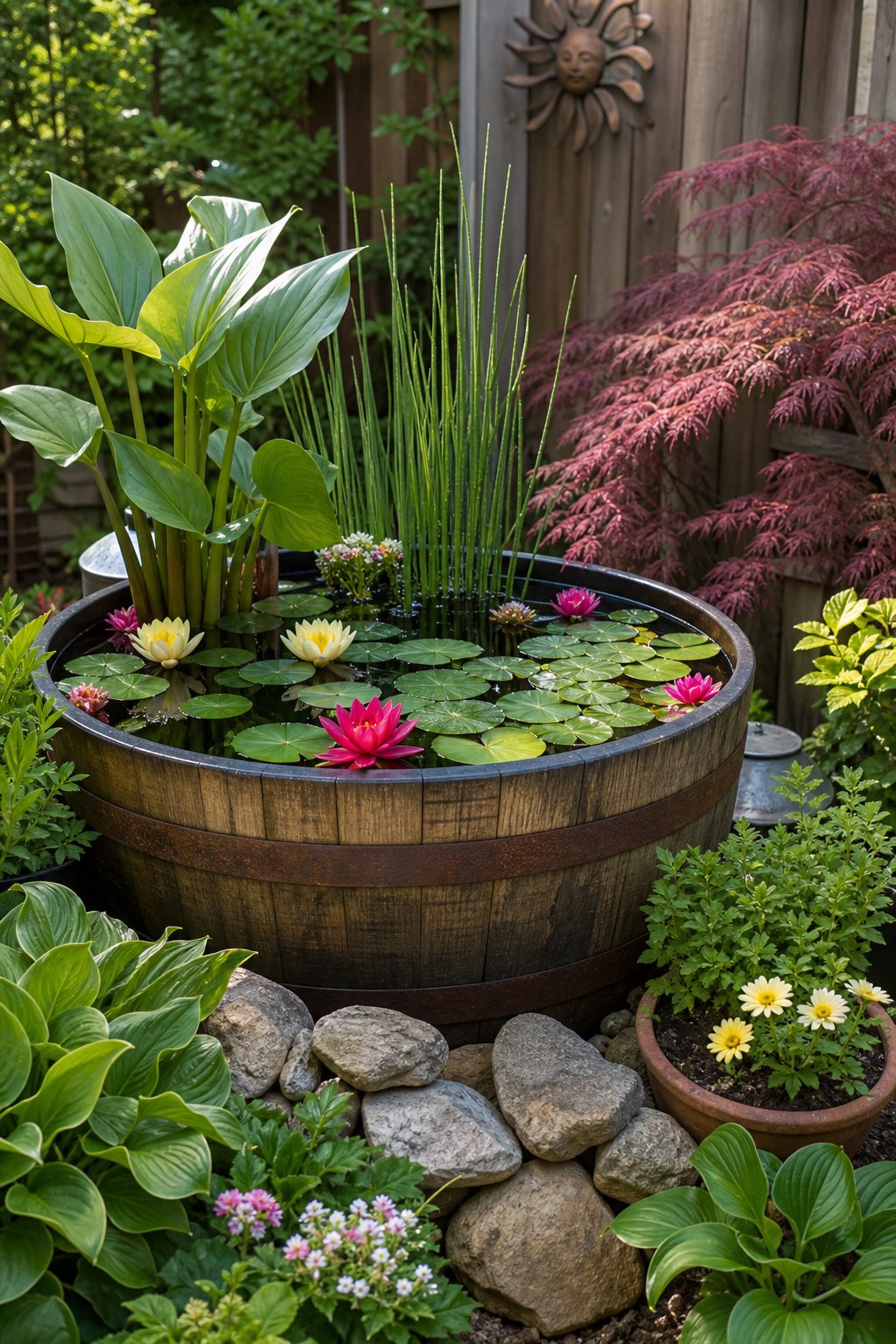 A backyard corner with a barrel pond containing water lilies and surrounded by green plants.