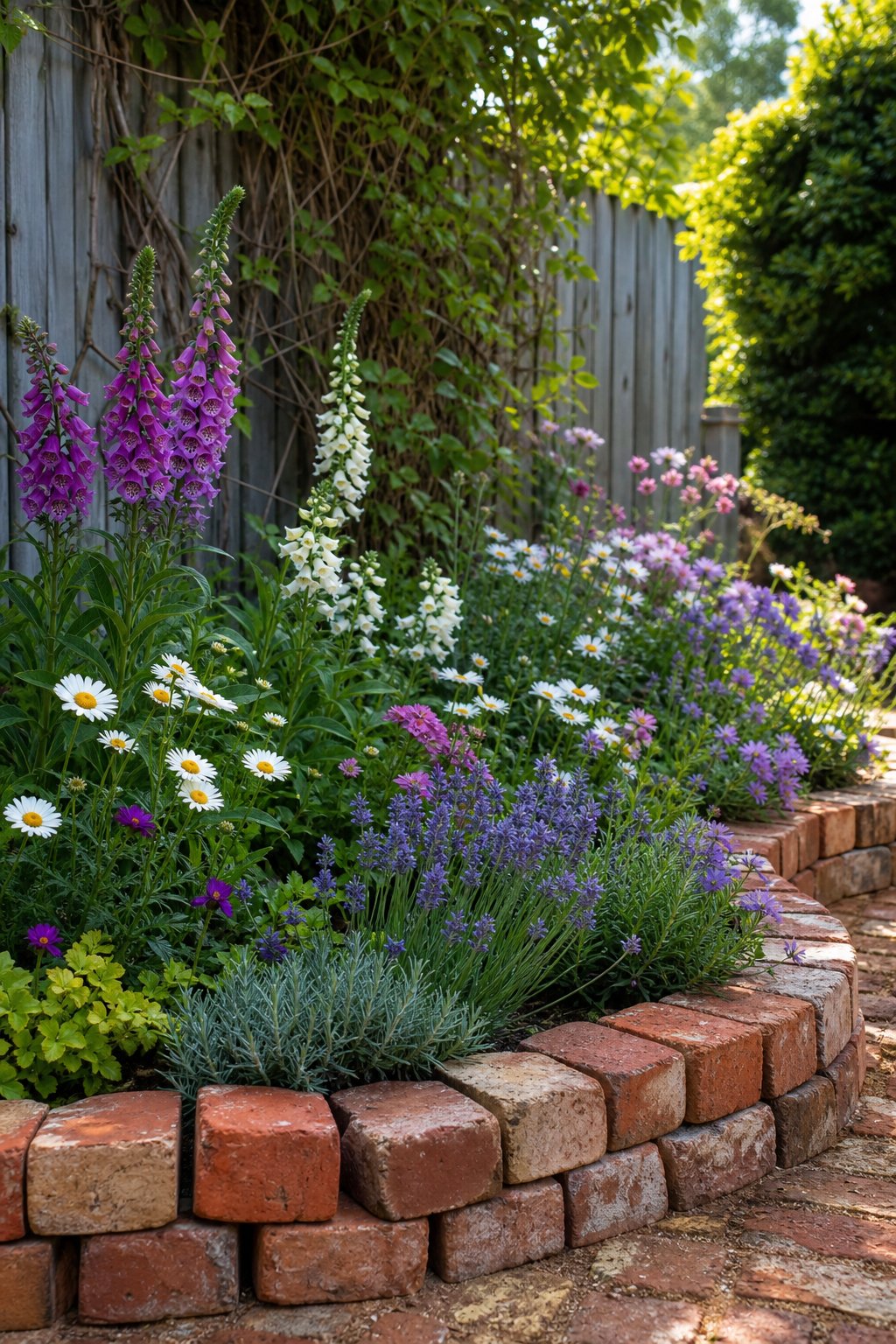 A backyard corner with a garden bordered by recycled red bricks, filled with green plants and colorful cottage perennial flowers.