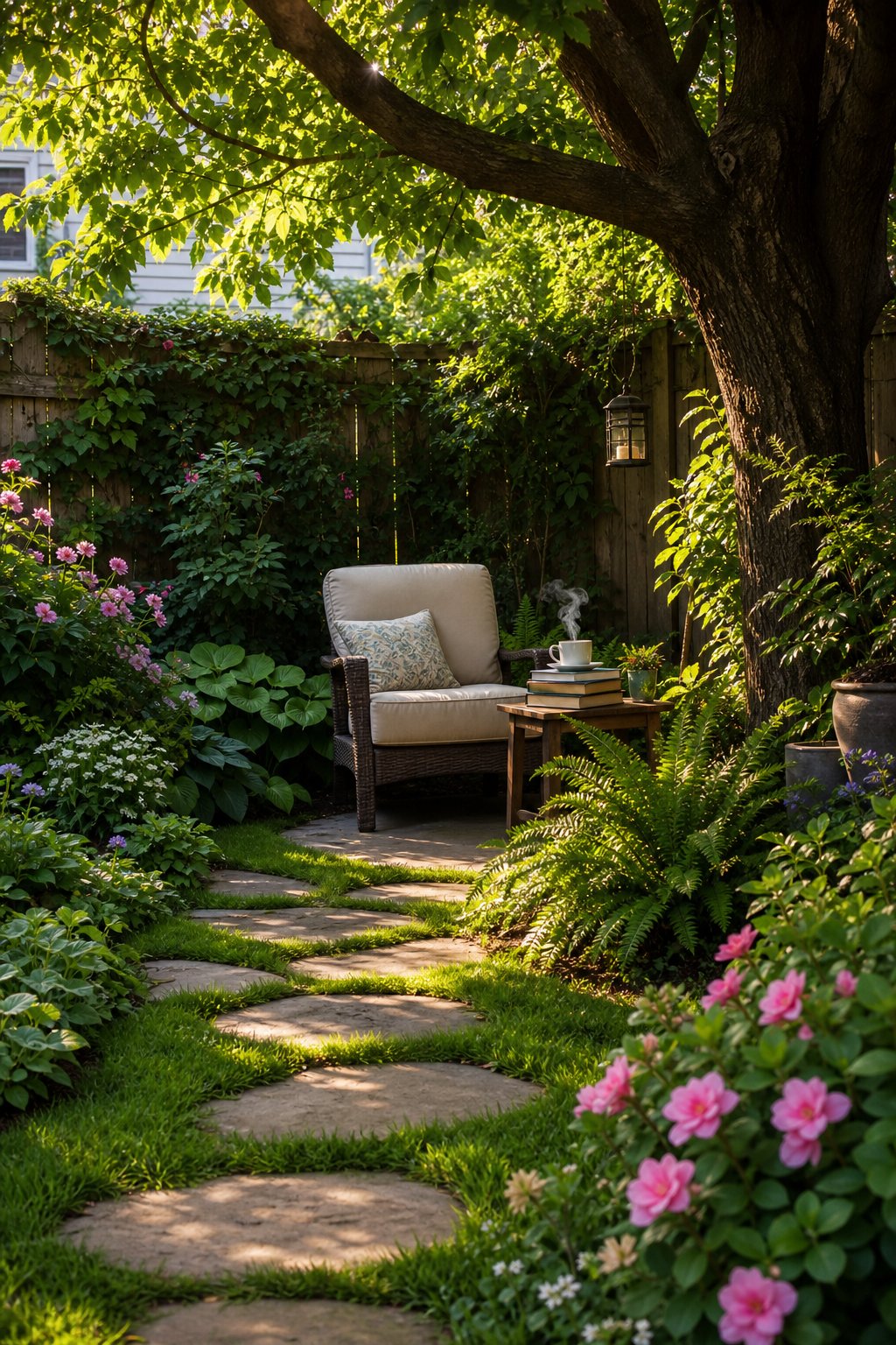 A stepping-stone path leads through a green backyard to a cozy reading corner under a tree with a chair and a small table.