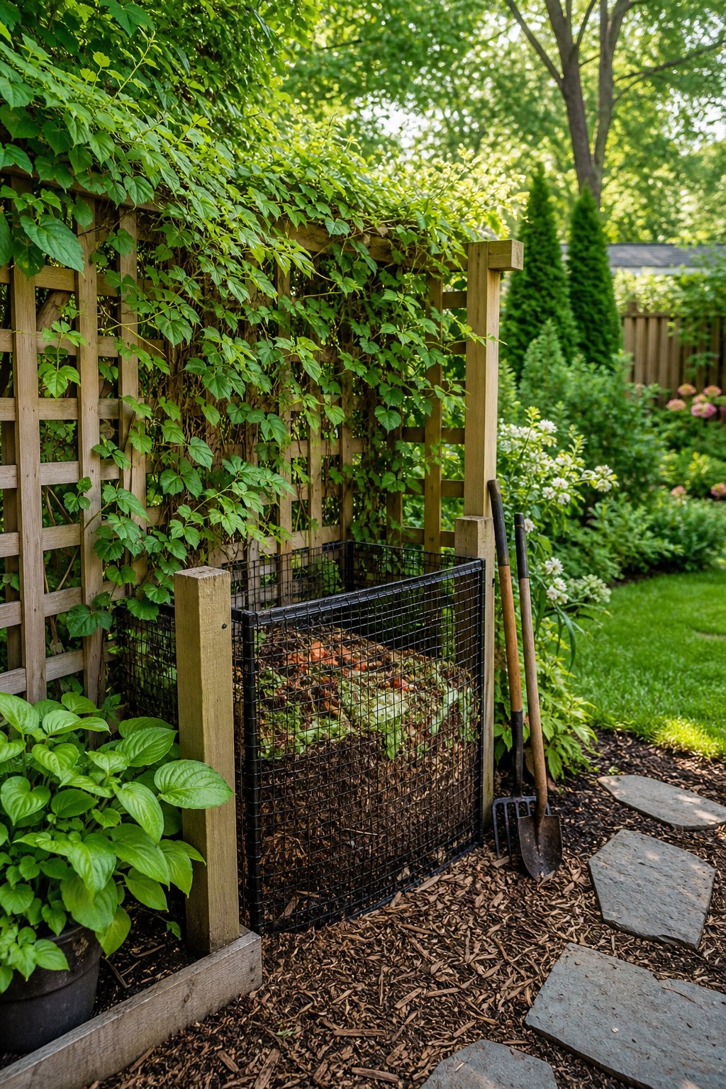 A backyard corner with a compost bin screened by a wooden lattice covered in green vines, surrounded by garden plants.