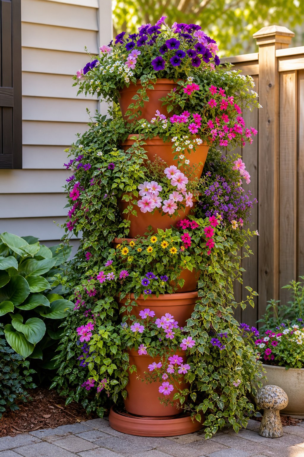 A backyard corner with a tall tower of terracotta pots filled with trailing green plants and colorful flowers.