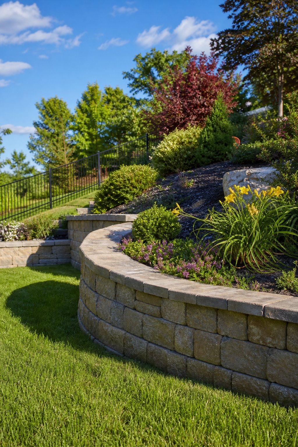 Backyard corner with a stone retaining wall and various plants on a sloped yard under clear sky.