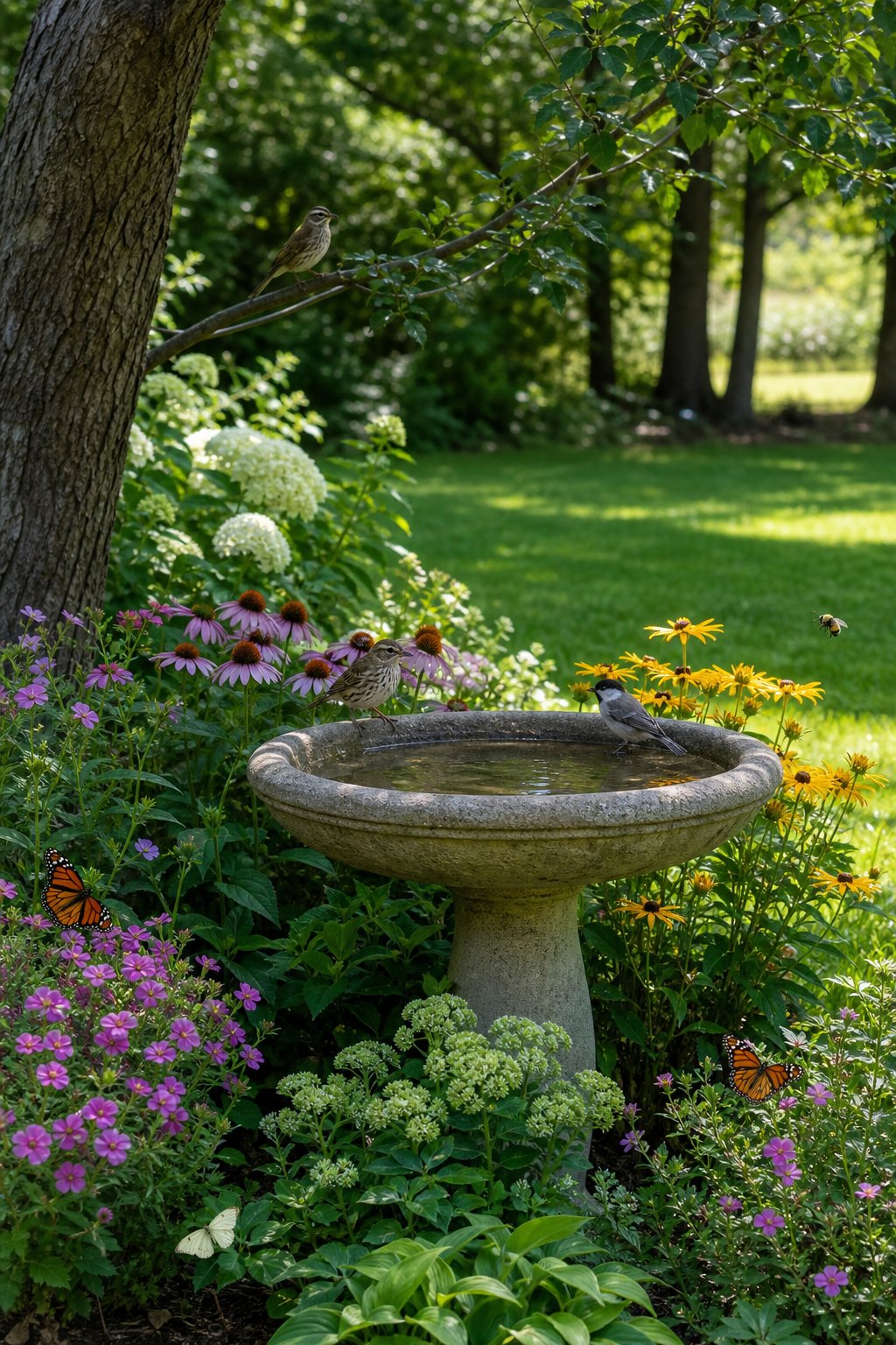 A backyard corner with a stone birdbath surrounded by green shrubs and flowering plants, with small birds perched nearby and sunlight filtering through trees.