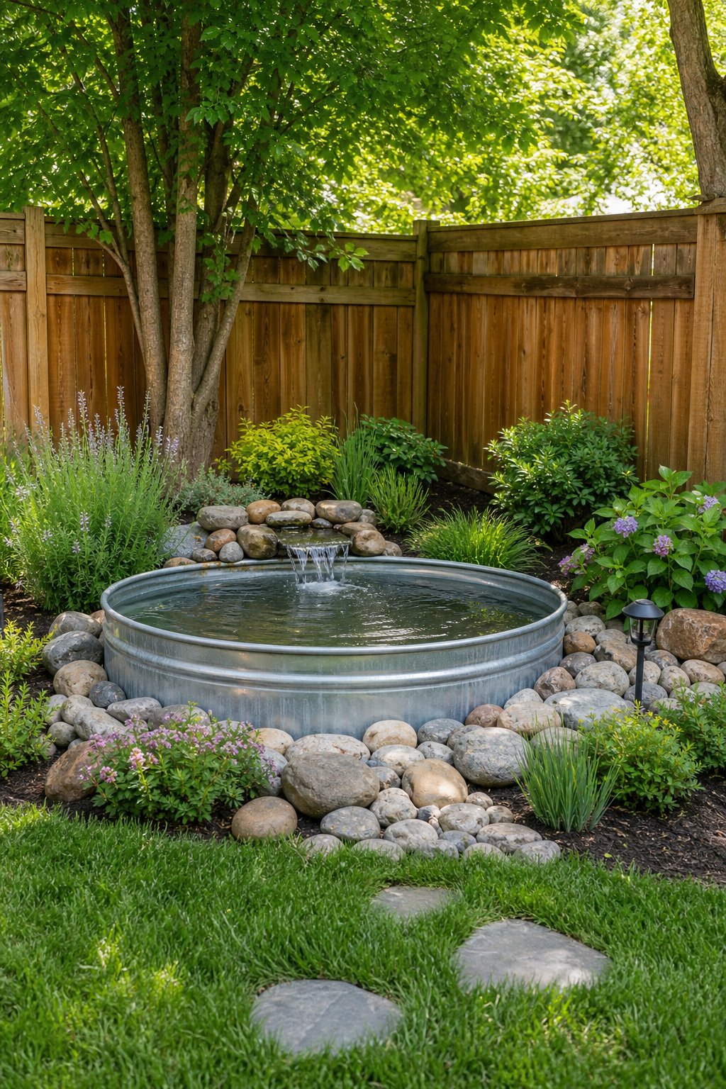 Backyard corner with a stock tank pond edged by river rocks, surrounded by grass, plants, and trees.