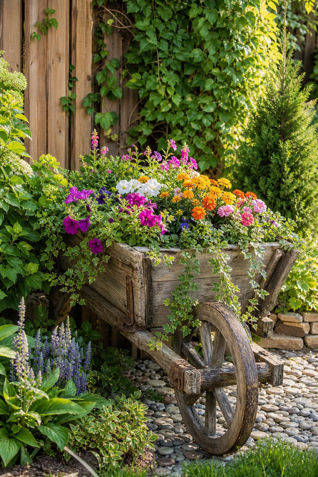 An old wooden wheelbarrow filled with colorful flowers and plants tucked into a garden corner surrounded by greenery.