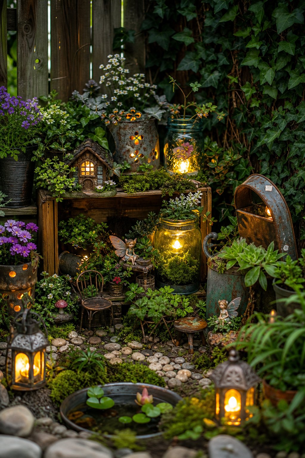 A cozy backyard garden corner with miniature glowing lanterns, colorful flowers, green plants, and recycled decorative accents.
