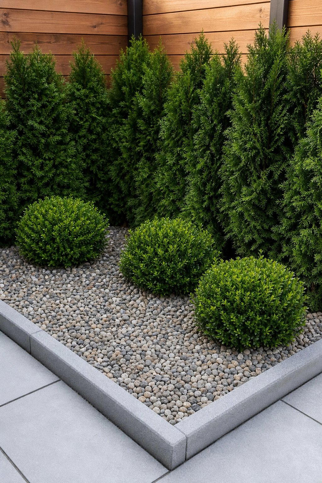 A backyard corner with geometric gravel and green evergreen shrubs bordered by stone edging.