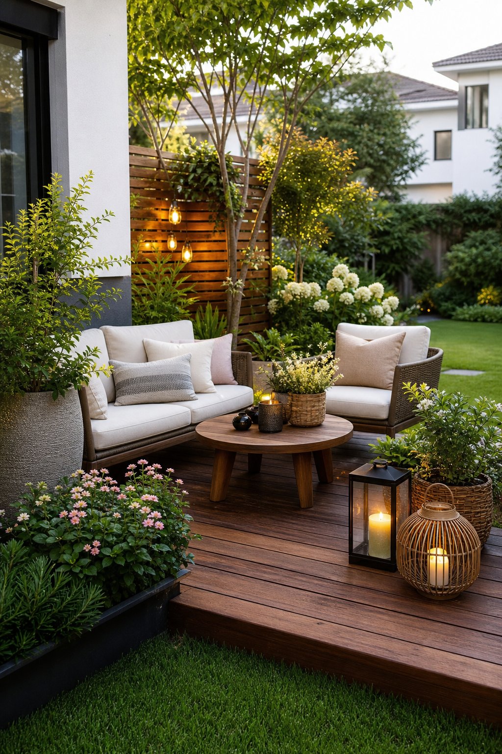 A backyard corner with outdoor seating surrounded by green plants and flowers, featuring a wooden deck and a small table.
