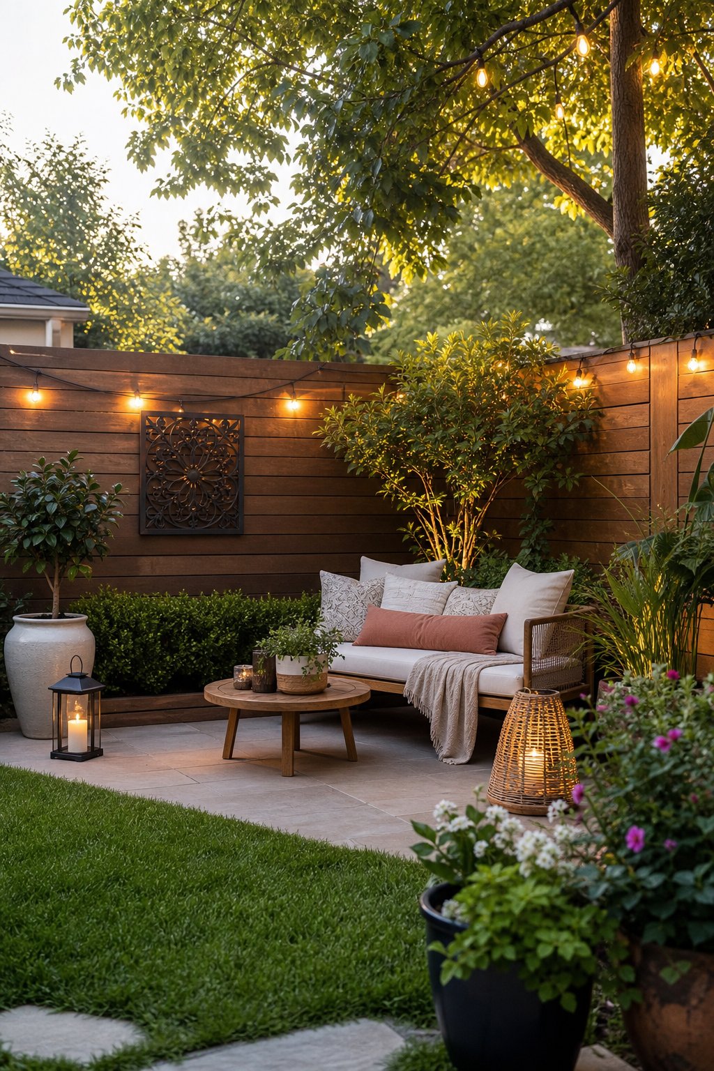 A backyard corner with outdoor seating surrounded by plants and decorative lighting, creating a cozy and inviting space.