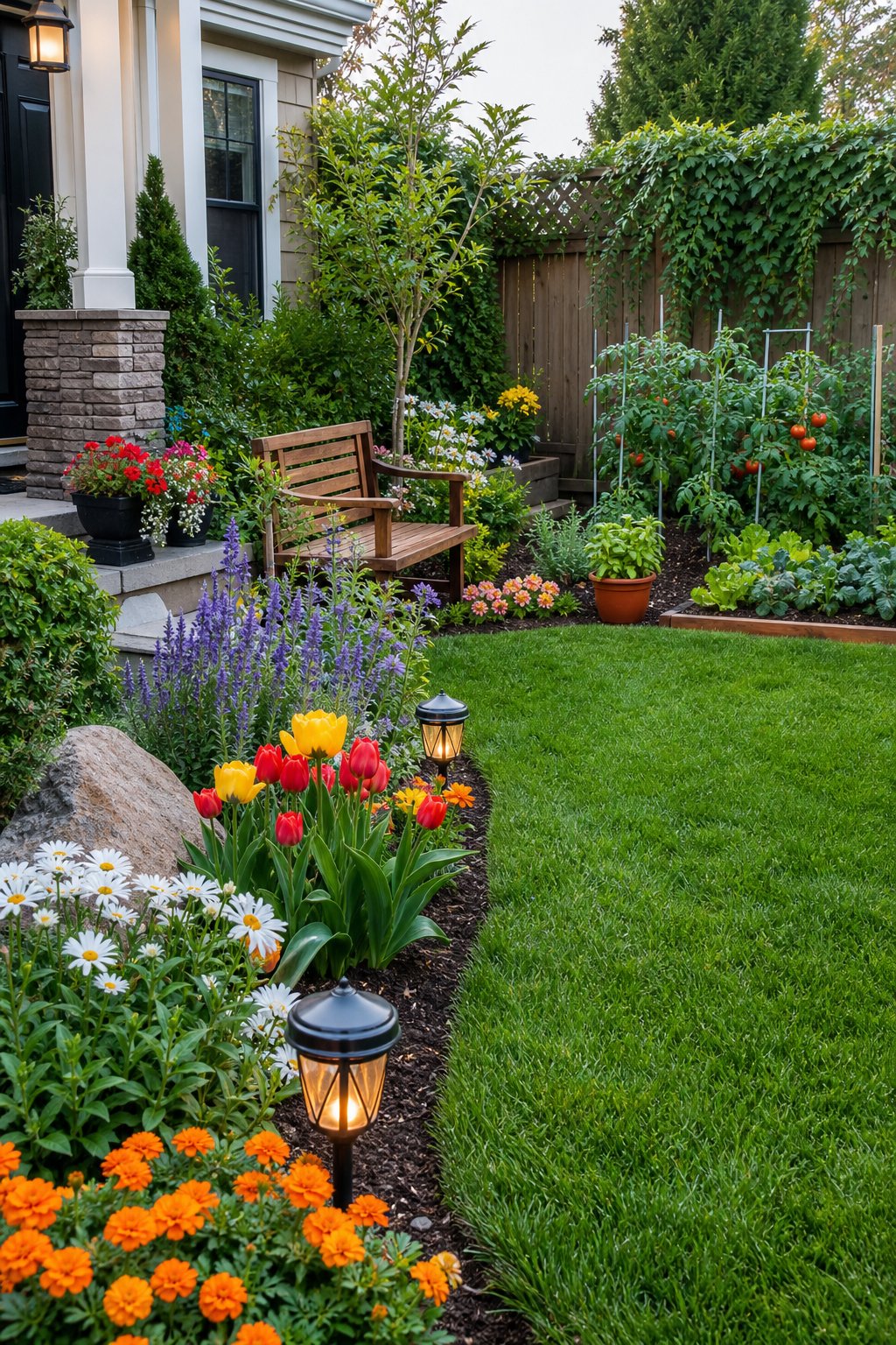 A backyard and front yard corner with a green lawn, colorful flower beds, a wooden bench, decorative stones, and a small vegetable garden.