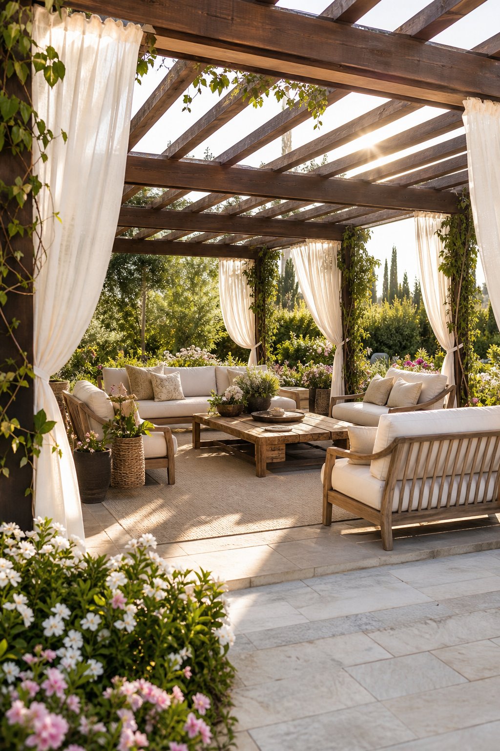 A backyard lounge area with a pergola and outdoor curtains, surrounded by plants and comfortable seating.