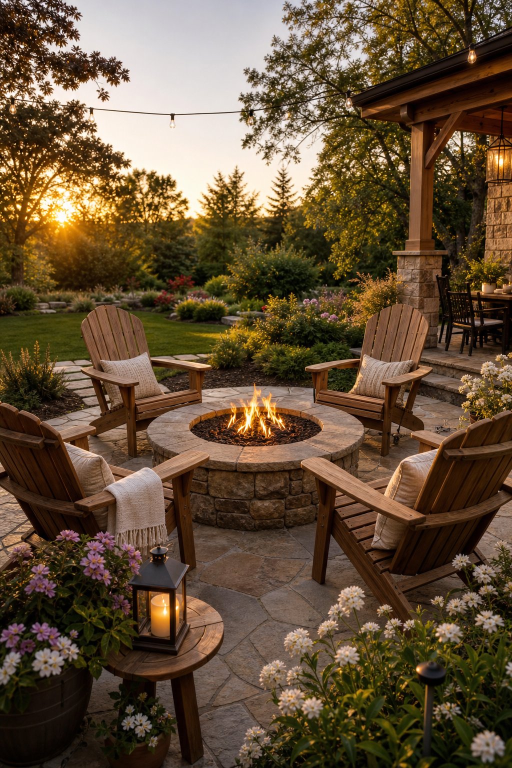 A backyard patio with a stone fire pit surrounded by four Adirondack chairs, plants, and soft outdoor lighting.