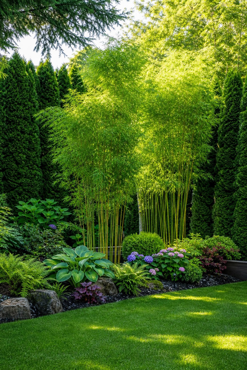 A backyard with tall arborvitae trees and clumping bamboo creating a layered green privacy screen around a garden and lawn.