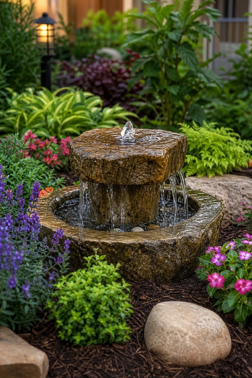 A small water fountain surrounded by plants and flowers in a garden bed.