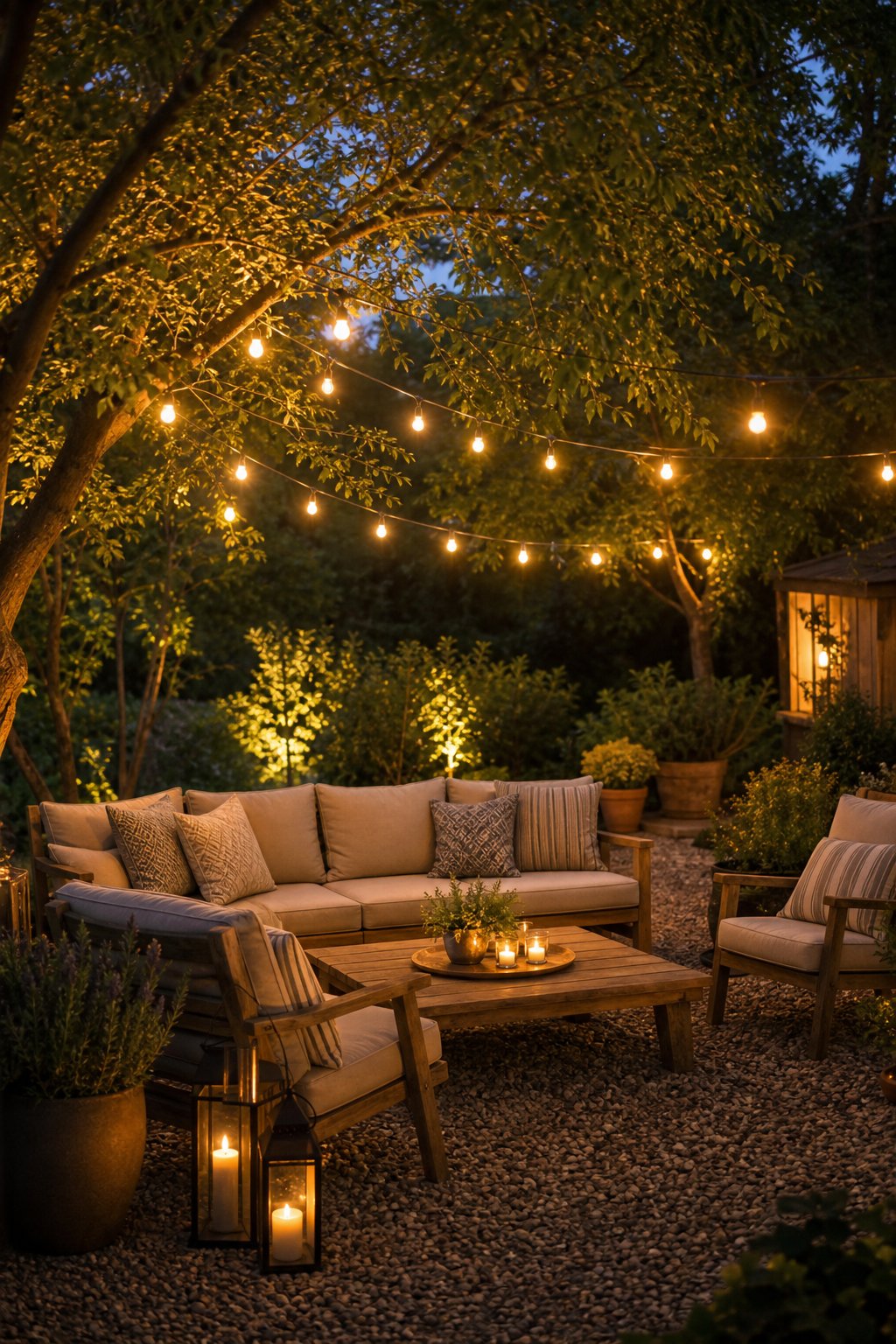 Backyard seating area with string lights overhead, gravel ground, outdoor furniture, and surrounding plants.