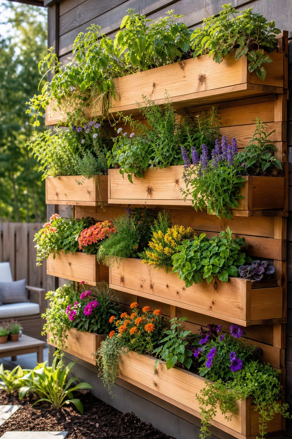 A vertical wall covered with cedar planter boxes filled with green herbs and colorful flowers in a backyard setting.