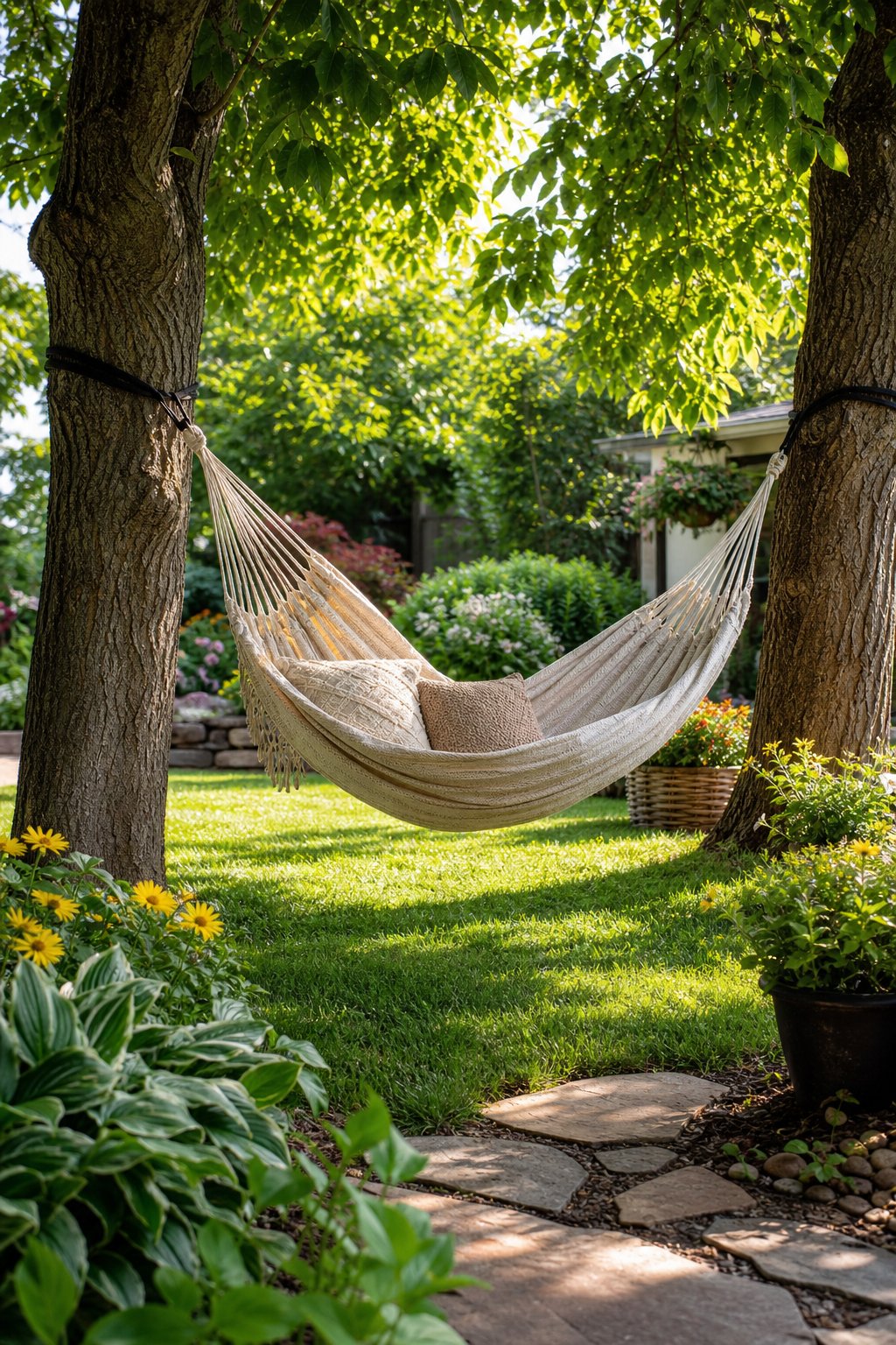 A hammock hanging between two large shade trees in a green backyard with flowers and grass.