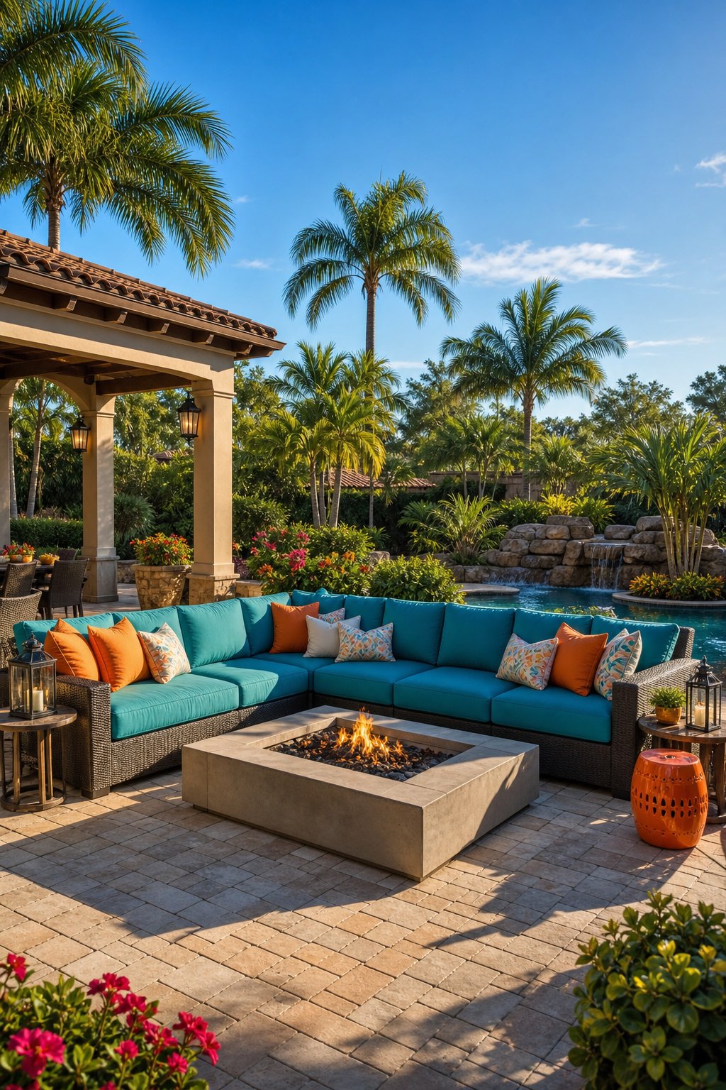 A backyard with a large sectional sofa around a fire pit, surrounded by plants and trees under a clear sky.