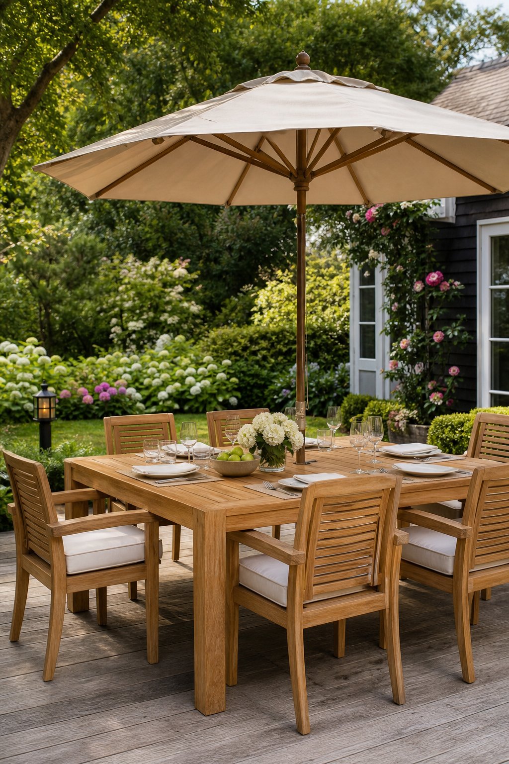Outdoor dining area with a teak table and market umbrella surrounded by plants in a backyard.