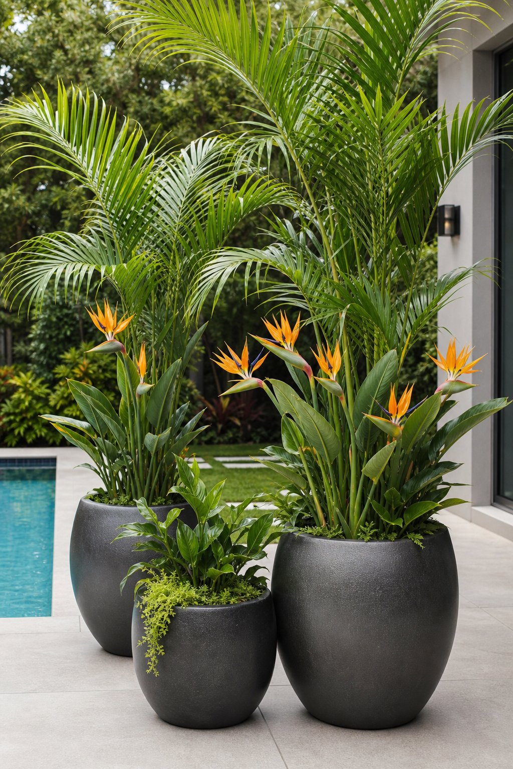 A backyard container garden with Majesty Palms and Bird of Paradise plants in large pots.