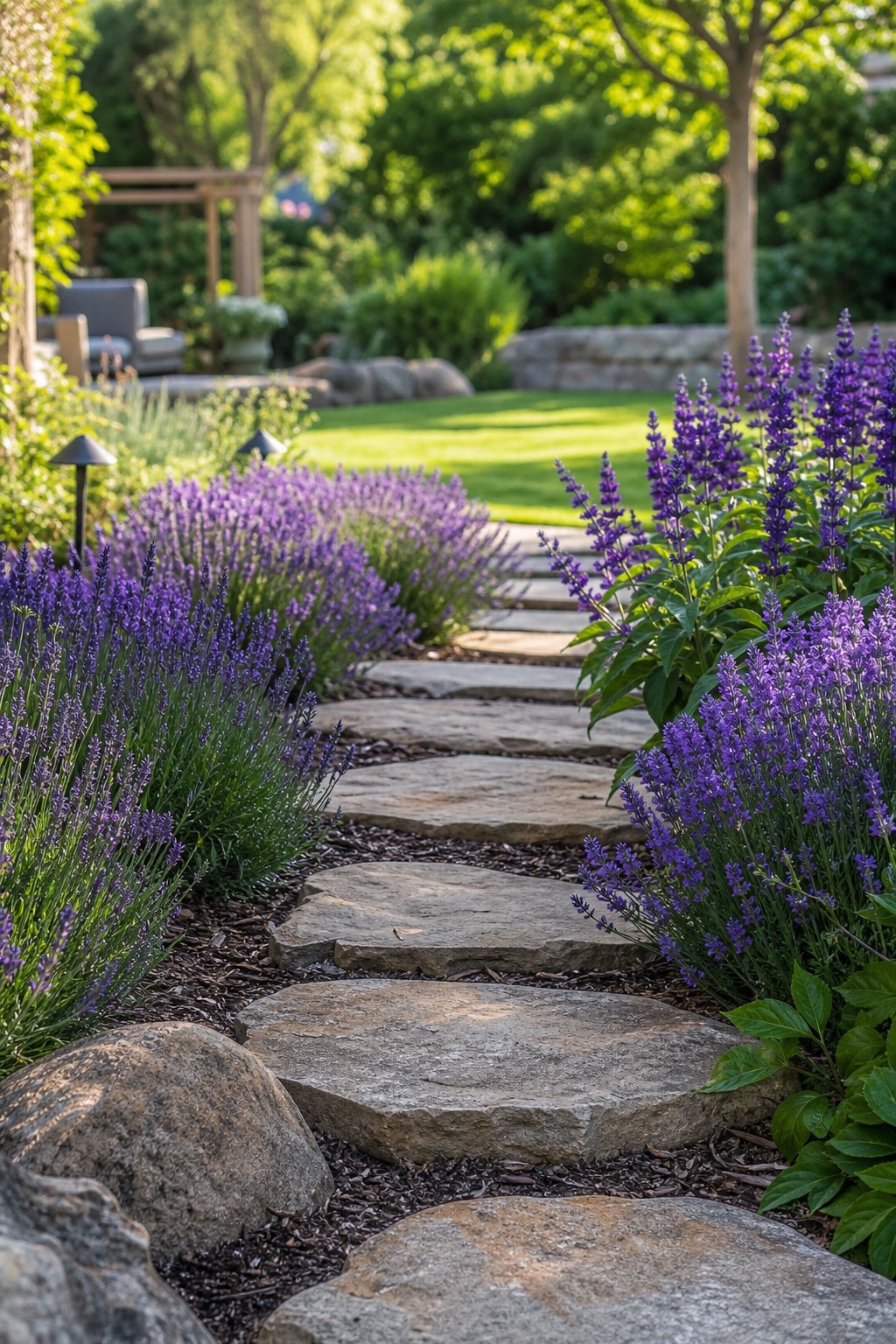 A stepping-stone path winding through blooming lavender and salvia plants in a backyard garden.